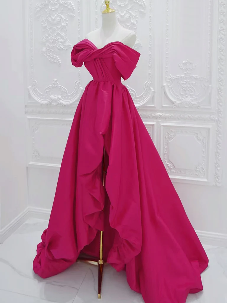 Simple A-Line Off Shoulder Satin Rose Red Long Prom Dress