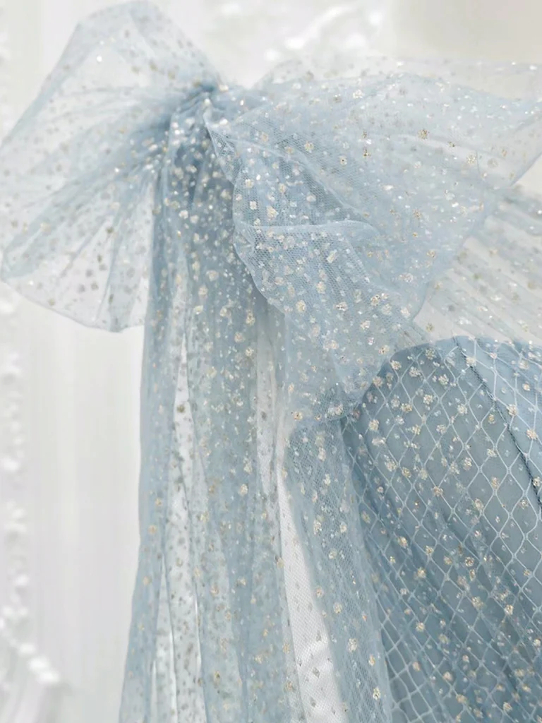 A-Line One Shoulder Tulle Sequin Gray Blue Long Prom Dress
