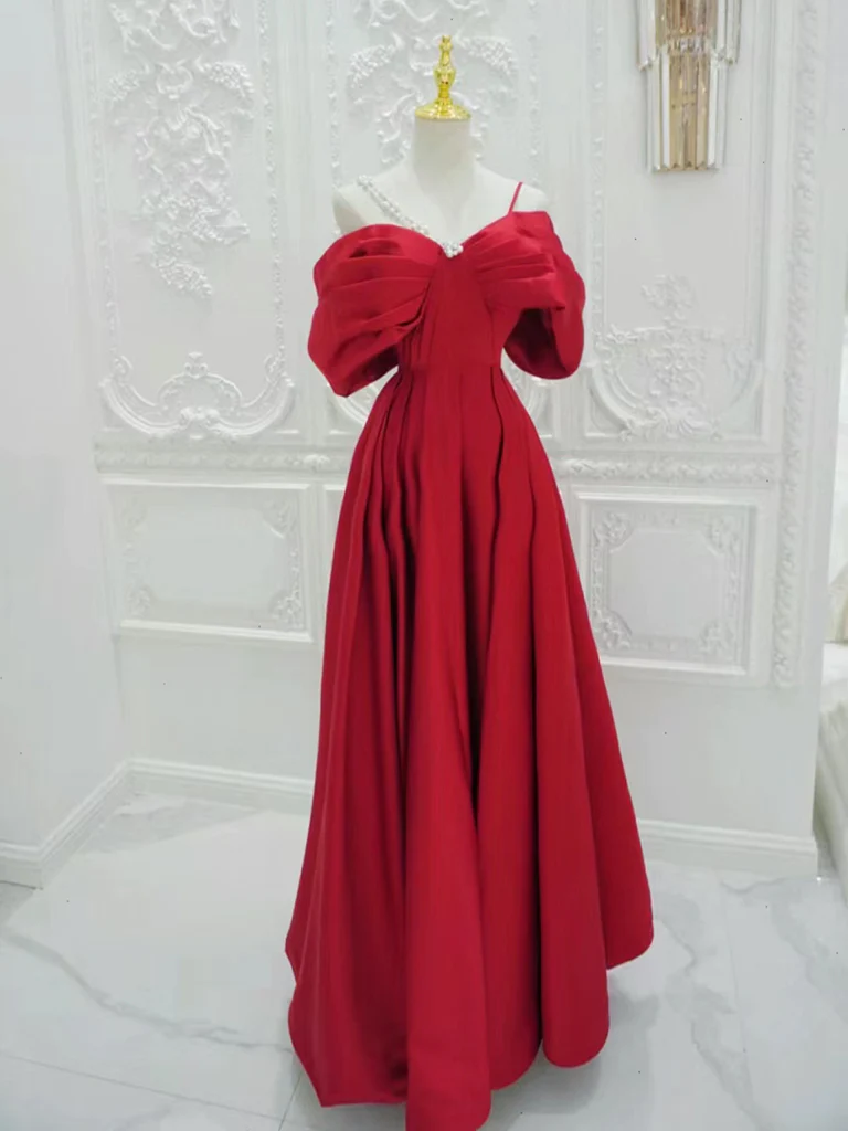 Red A-Line Off Shoulder Satin Long Prom Dress