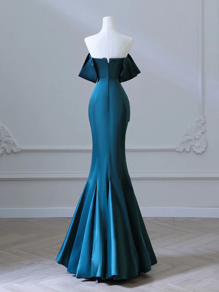 Simple Off Shoulder Satin Ink Blue Long Prom Dress