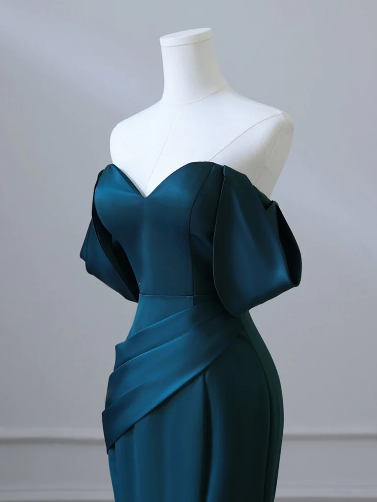 Simple Off Shoulder Satin Ink Blue Long Prom Dress