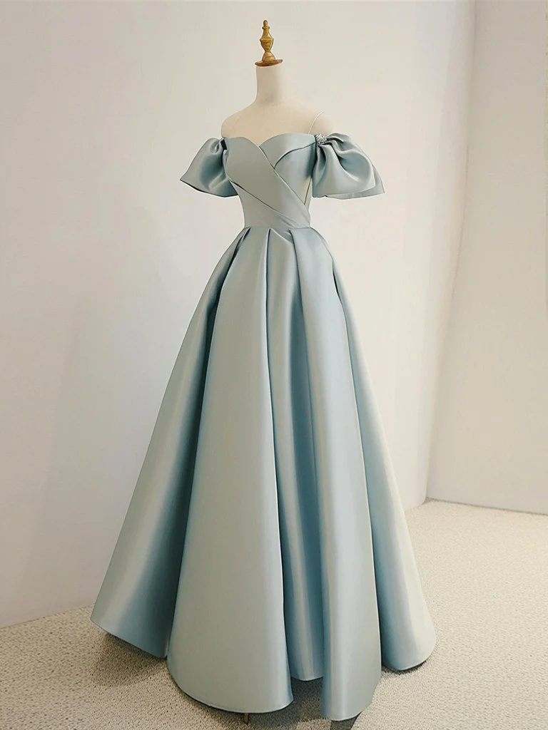 A-Line Sweetheart Neck Satin Blue Long Prom Dress