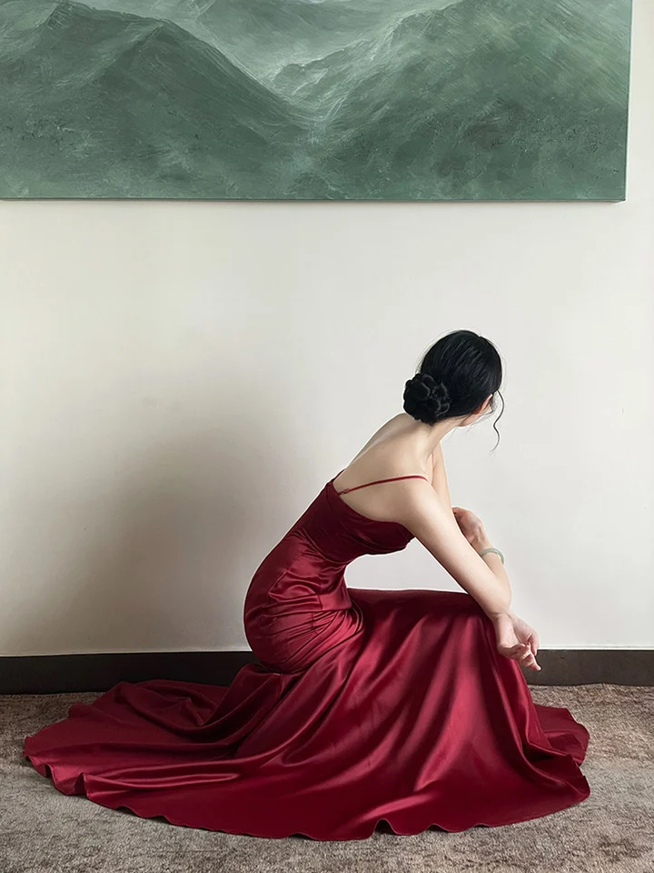 Wine Red Satin Straps Long Evening Dress Prom Dress