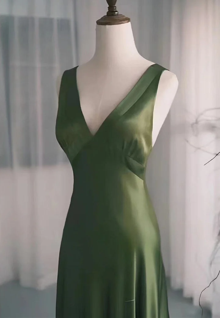 Green Satin V-Neckline Low Back Prom Dress