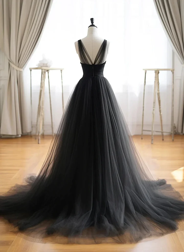 Simple A line Black V Neck Tulle Long Prom Dresses