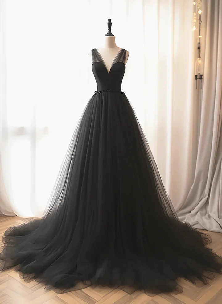 Simple A line Black V Neck Tulle Long Prom Dresses