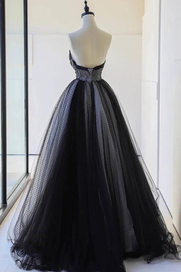 Lovely Black Strapless Tulle Lace Long Prom Dress