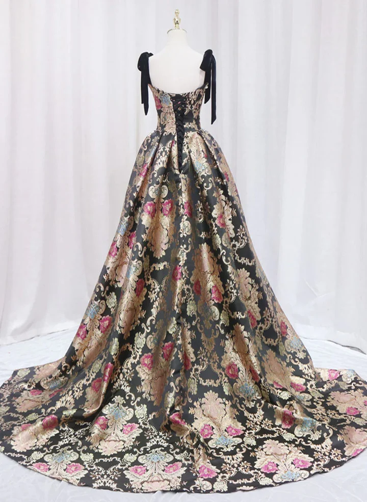 Black Satin Straps A-line Floral Long Formal Dress Prom Dress