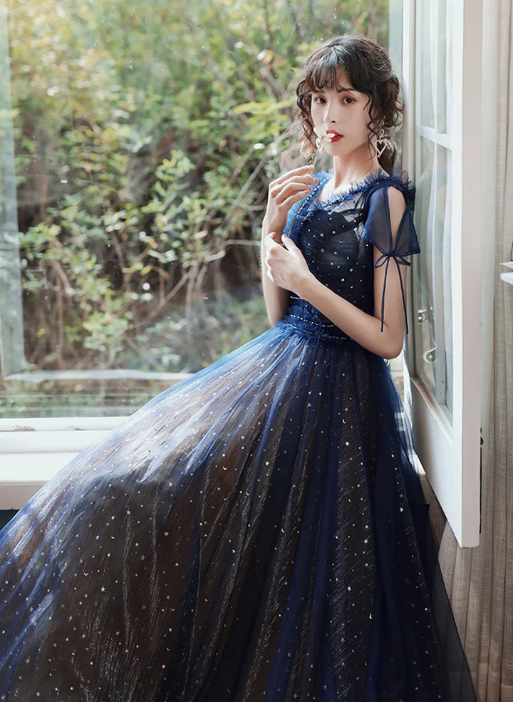 Navy Blue V-neckline Tulle Long Party Dress Prom Dress