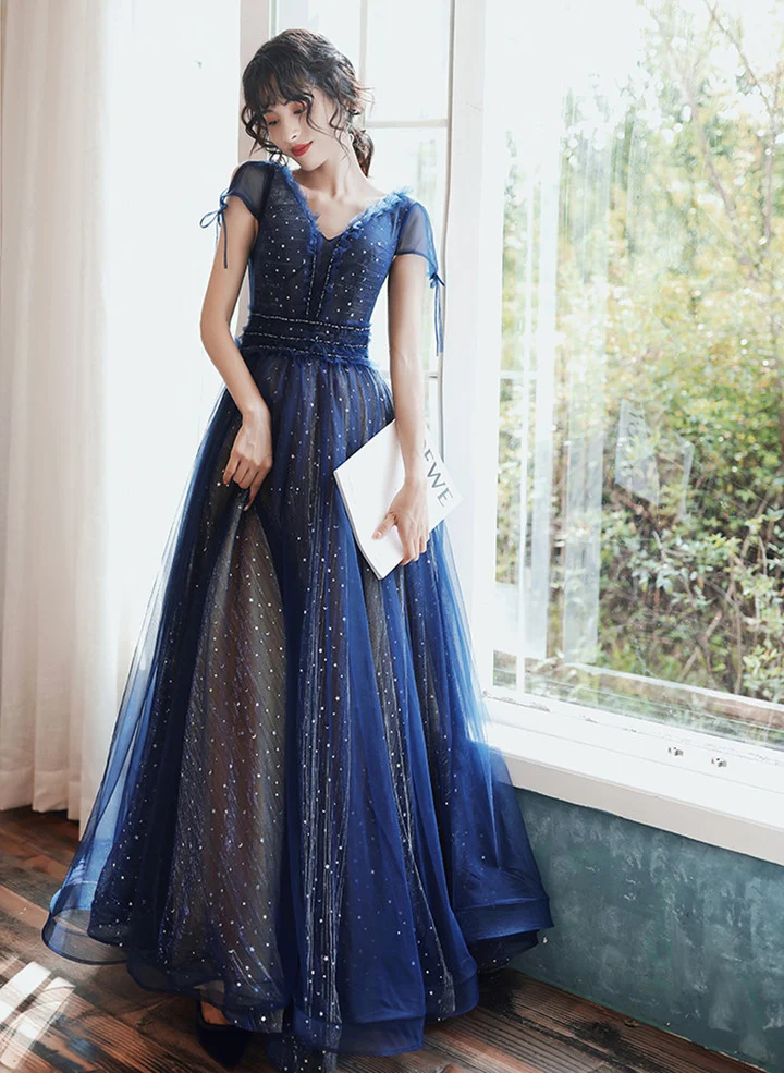 Navy Blue V-neckline Tulle Long Party Dress Prom Dress