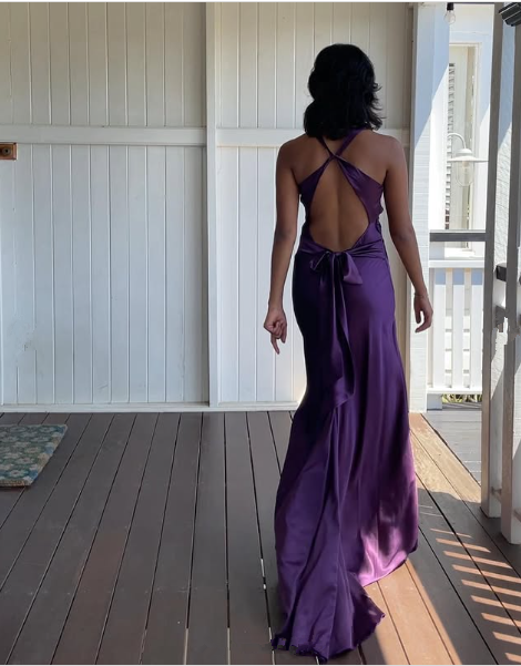 Simple A-Line V Neckline Grape Satin Long Prom Dresses Formal Evening Dress