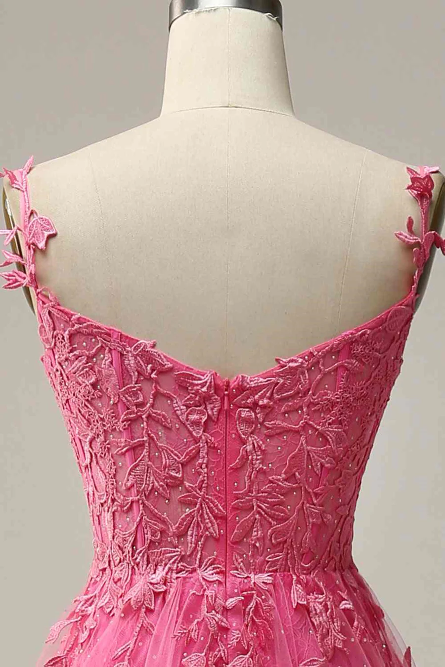 Modest A line Straps Pink Lace Slit Prom Dress Evening Dresses
