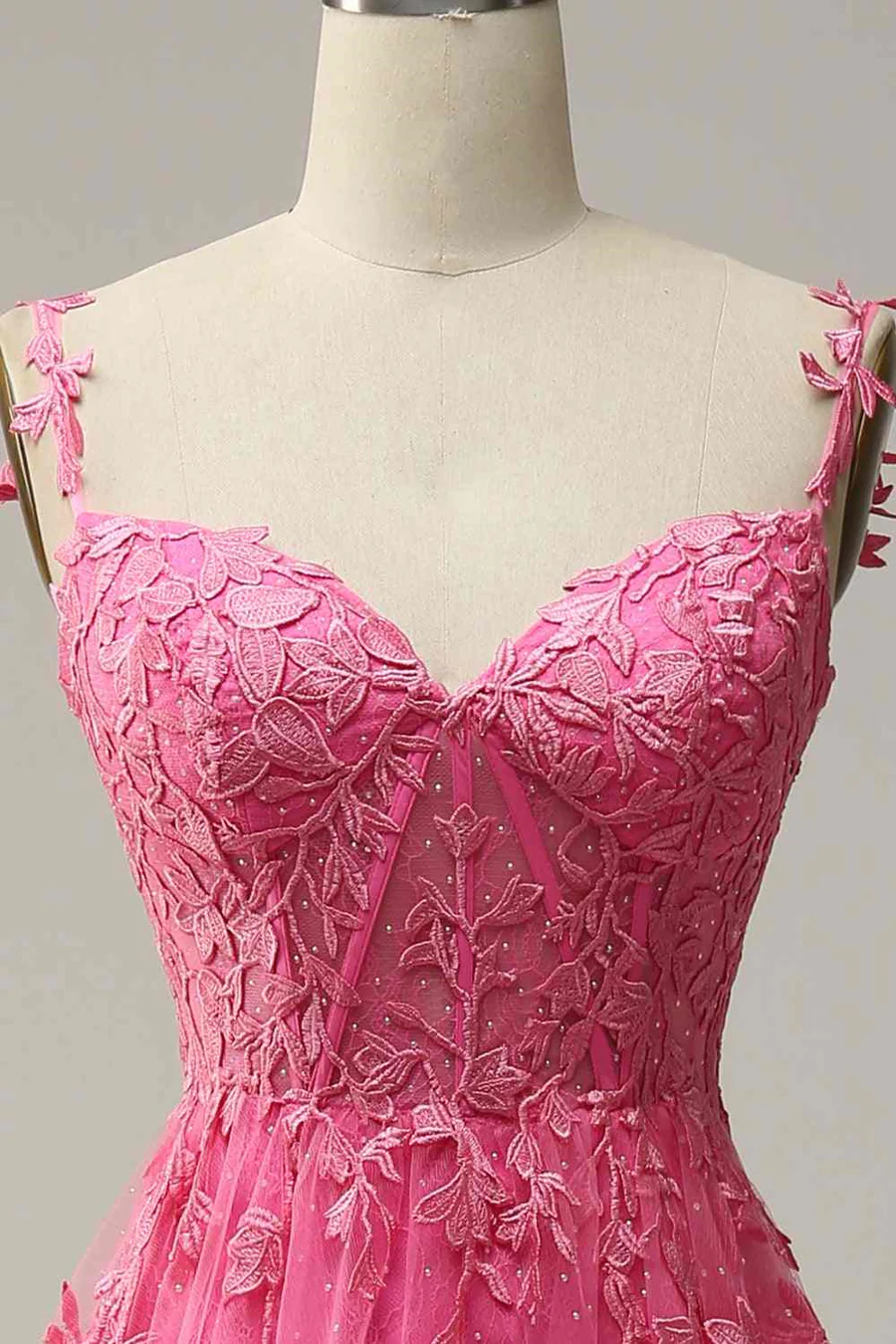 Modest A line Straps Pink Lace Slit Prom Dress Evening Dresses