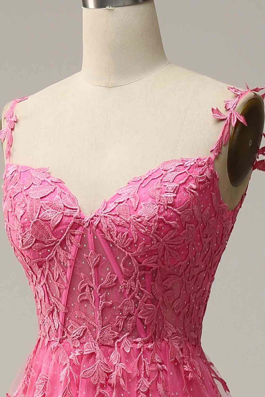 Modest A line Straps Pink Lace Slit Prom Dress Evening Dresses