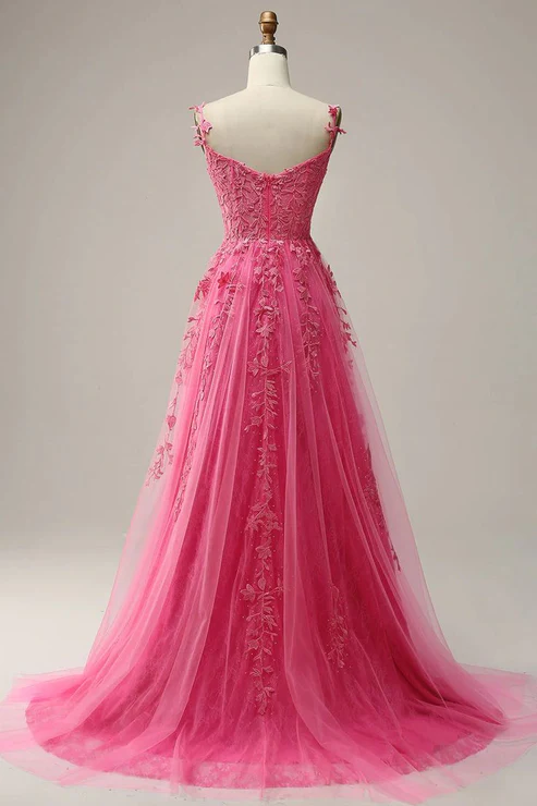 Modest A line Straps Pink Lace Slit Prom Dress Evening Dresses
