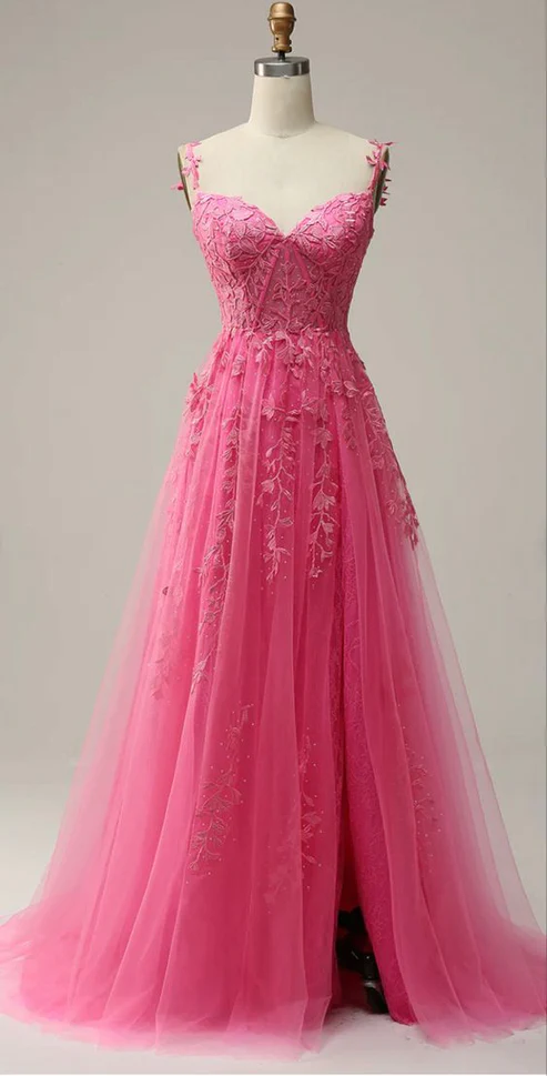 Modest A line Straps Pink Lace Slit Prom Dress Evening Dresses