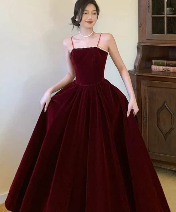 Simple A line Straps Pearls Burgundy Long Velvet Prom Dress