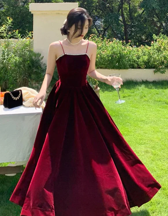 Simple A line Straps Pearls Burgundy Long Velvet Prom Dress