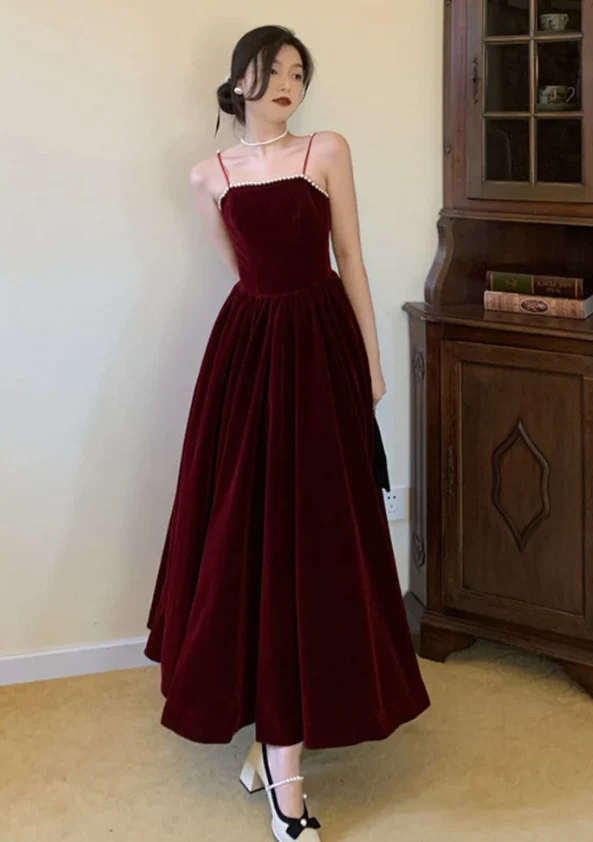 Simple A line Straps Pearls Burgundy Long Velvet Prom Dress