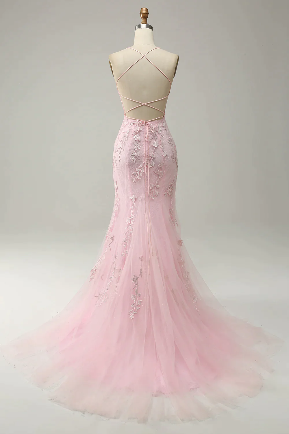 Modest Mermaid Spaghetti Straps Lace Pink Long Prom Dresses