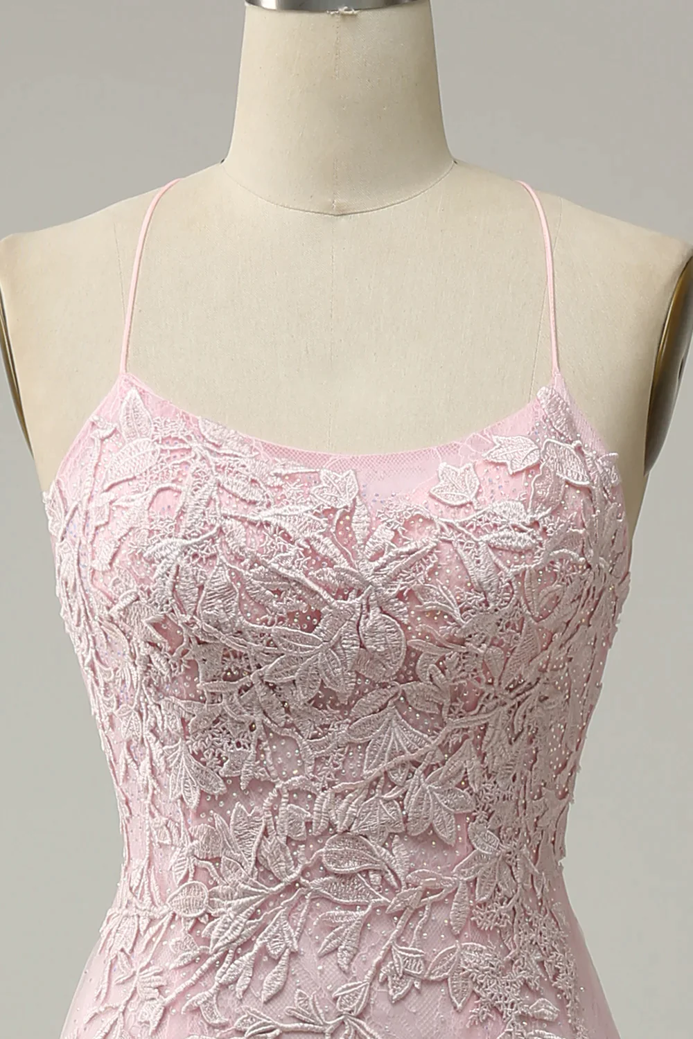 Modest Mermaid Spaghetti Straps Lace Pink Long Prom Dresses