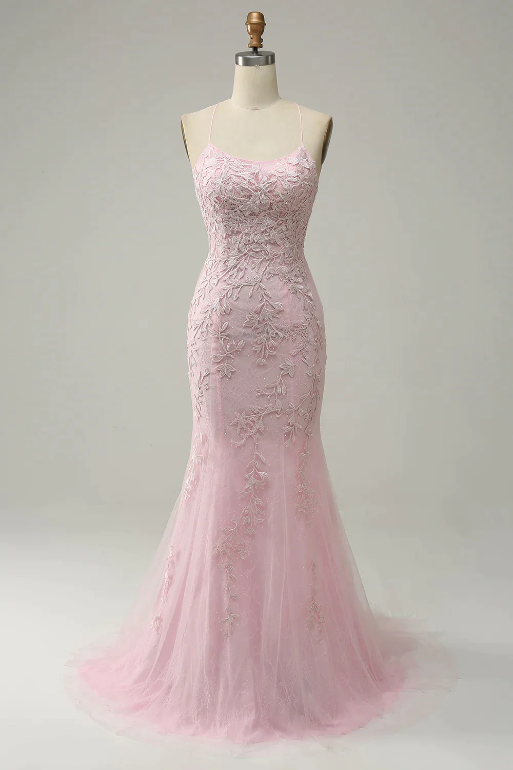 Modest Mermaid Spaghetti Straps Lace Pink Long Prom Dresses