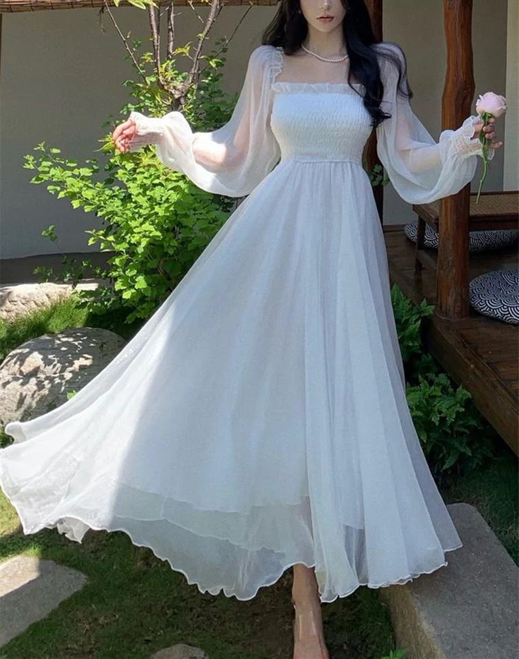 Simple A line Long Sleeves White Long Prom Dresses