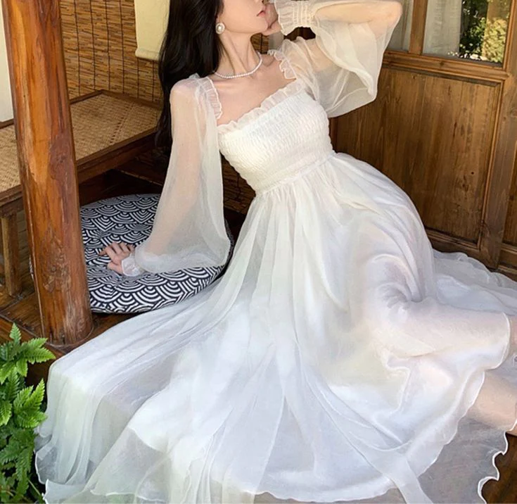 Simple A line Long Sleeves White Long Prom Dresses