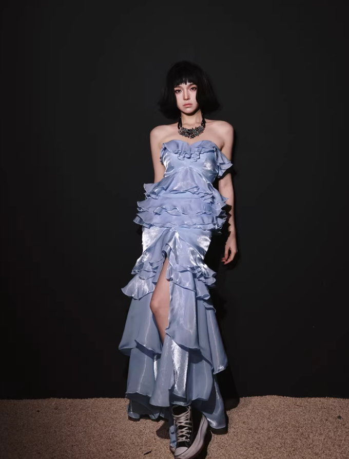 Glamorous Strapless Blue Satin Ruffles Layered mermaid Slit Evening Dress Long Party Dress