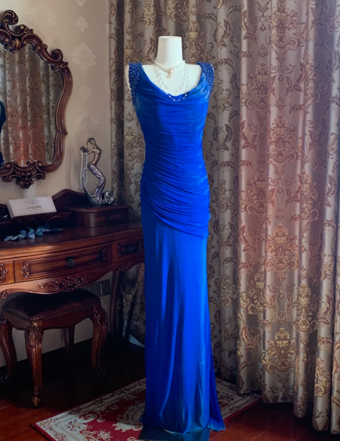 Sexy Royal Blue Tulle Pleated Beaded Mermaid Long Wedding Guest Dress Evening Dress