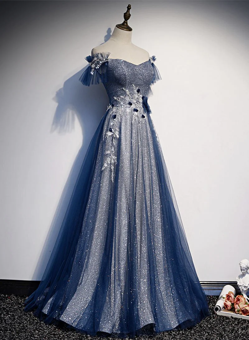Simple A line Off The Shoulder Sequin Blue Long Prom Dresses