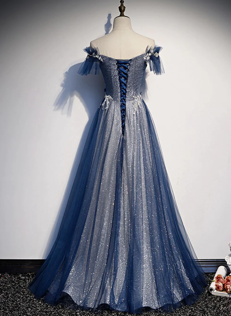 Simple A line Off The Shoulder Sequin Blue Long Prom Dresses