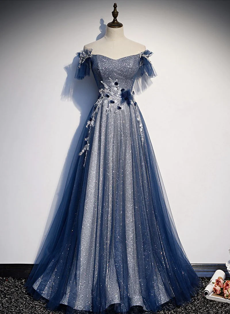 Simple A line Off The Shoulder Sequin Blue Long Prom Dresses
