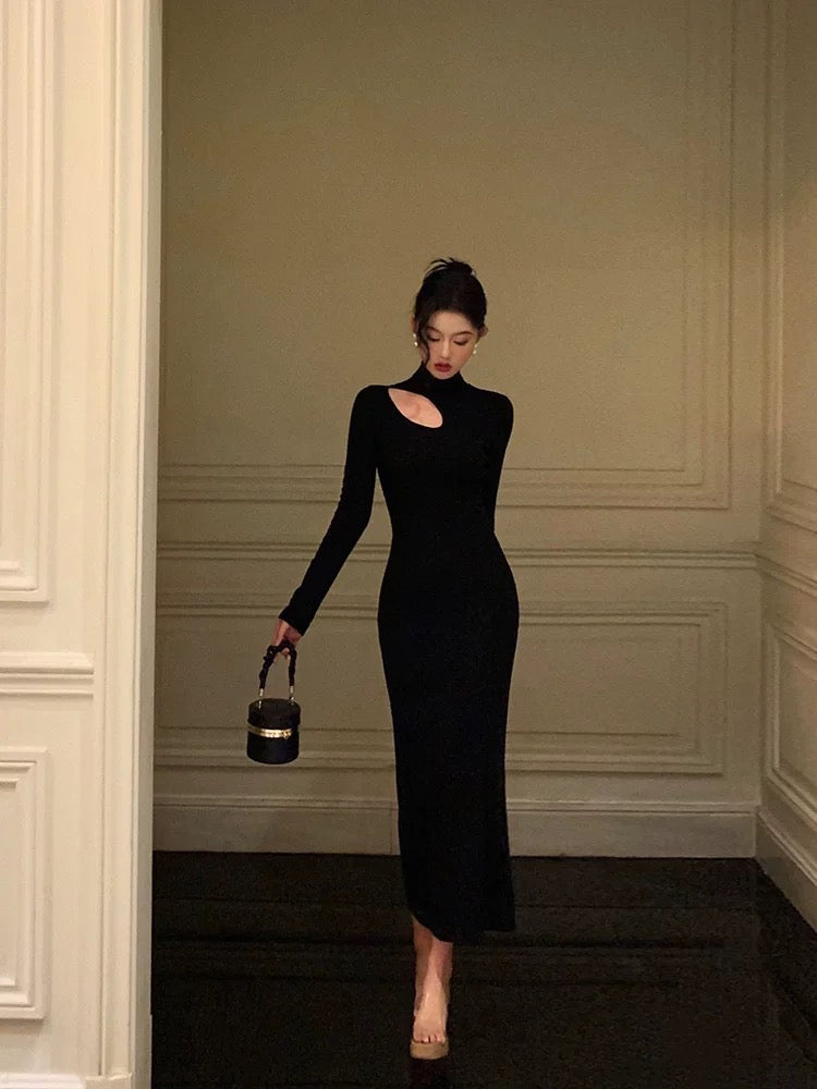 Sexy Sheath High Neckline Black Long Sleeves Prom Dresses Birthday Outfits