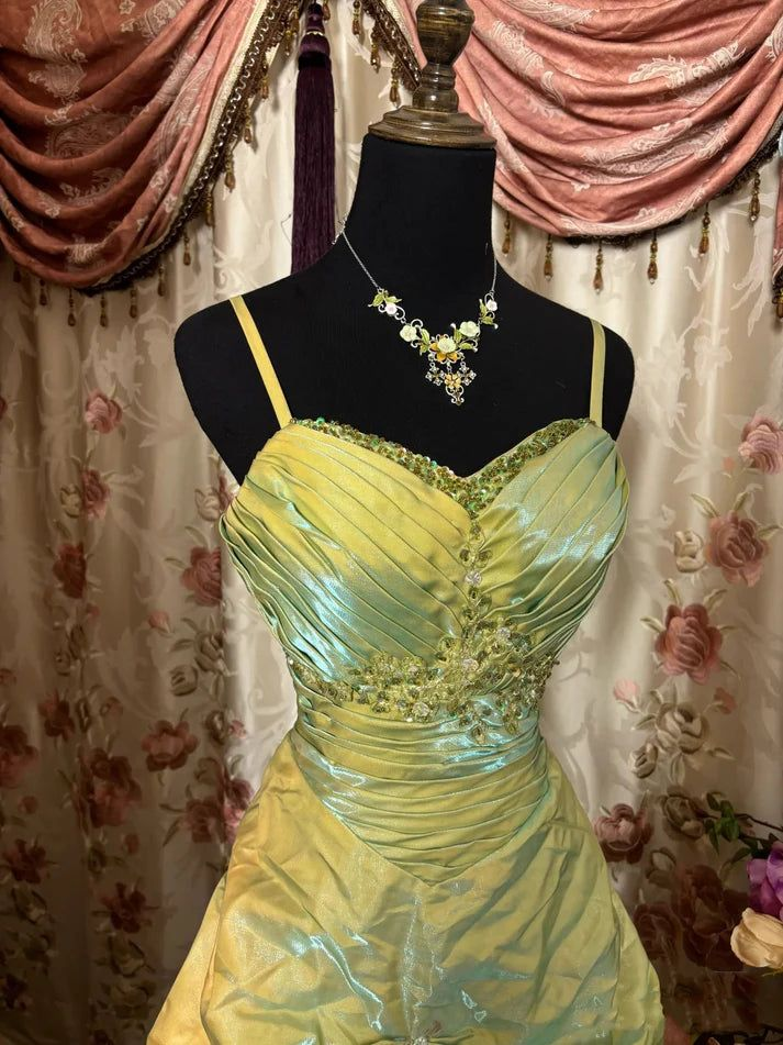 Vintage Green Satin Beaded Pleated A Line Prom Dress,Ball Gown