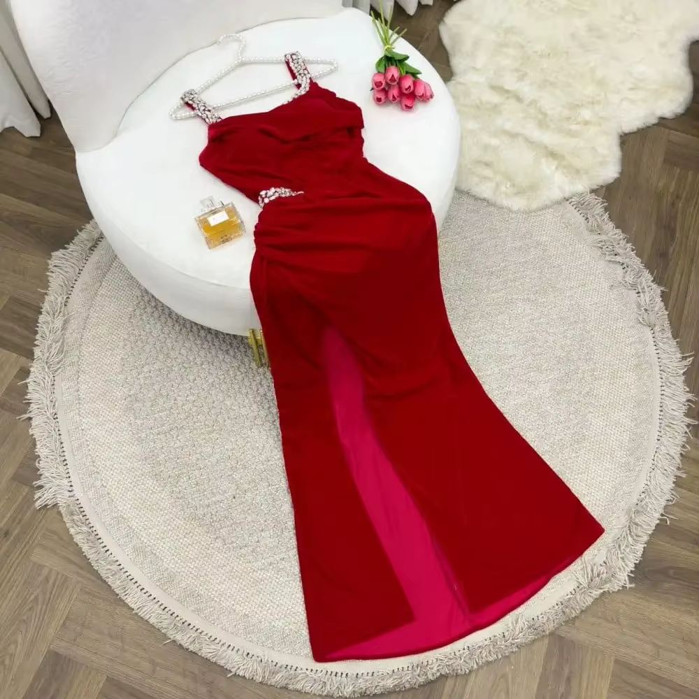 Elegant Sheath Straps Burgundy Satin Silver Beads Slit Long Prom Dresses Formal Dress