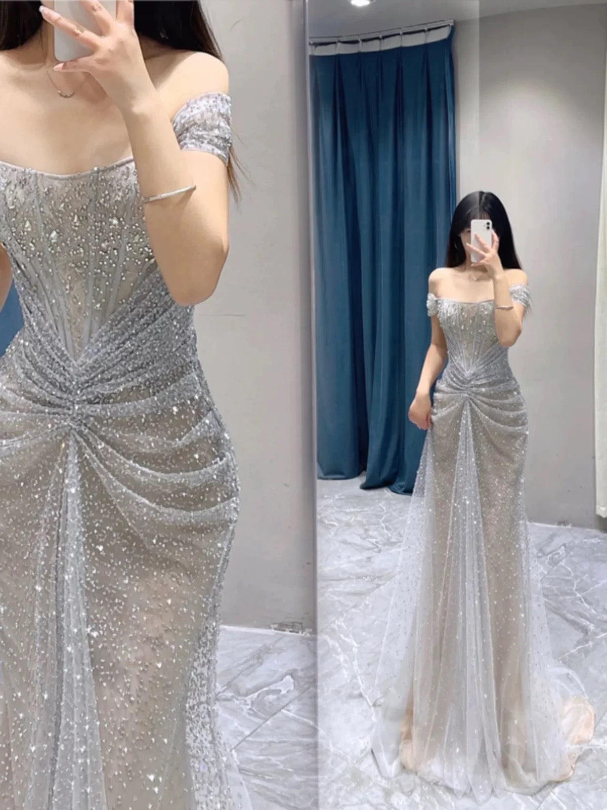 Pretty Mermaid Off The Shoulder Sequin Long Evening Dress Prom Dresses With Beads