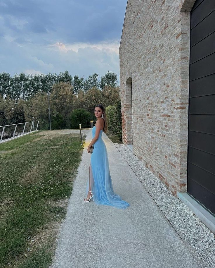 Sexy Strapless Light Blue Slit Prom Dress Long Party Evening Dress