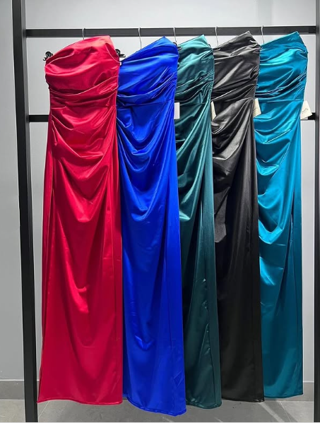 Vintage Sheath Strapless Neckline Slit Satin Long Party Dress Prom Dresses