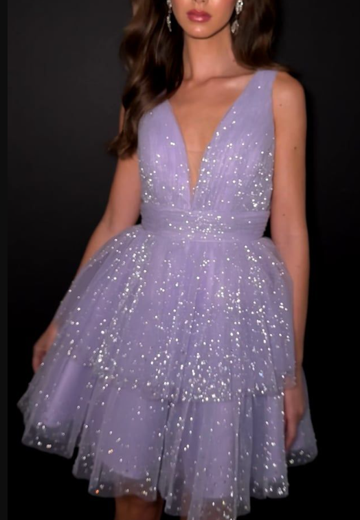 Shiny V Neck Purple Sleeveless Tulle Sequin A Line Short Party Dress Formal Homecoming Dress Birthday Outfits