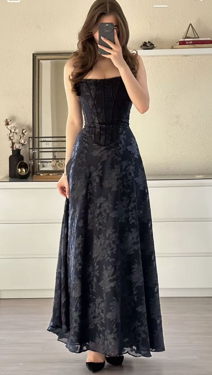 Pretty Spaghetti Straps Black Lace Print Floral A Line Party Dress Long Wedding Guest Dress