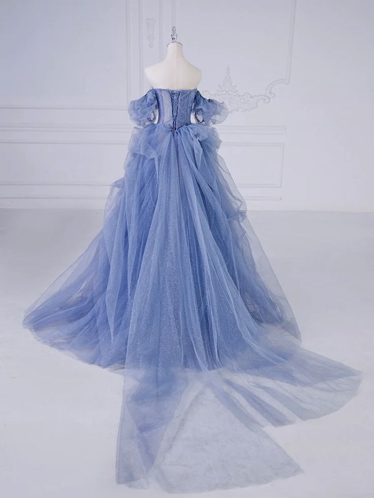 Elegant Blue Tulle Beaded Evening Dress Long Prom Dress