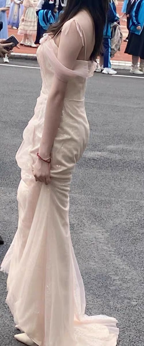 Vintage Mermaid Straps Pink Tulle Long Prom Dress