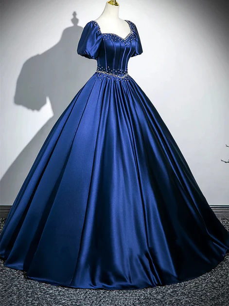 Charming Navy Blue Satin Sweetheart Pearls Beaded Party Prom Dress, A Line Ball Gown