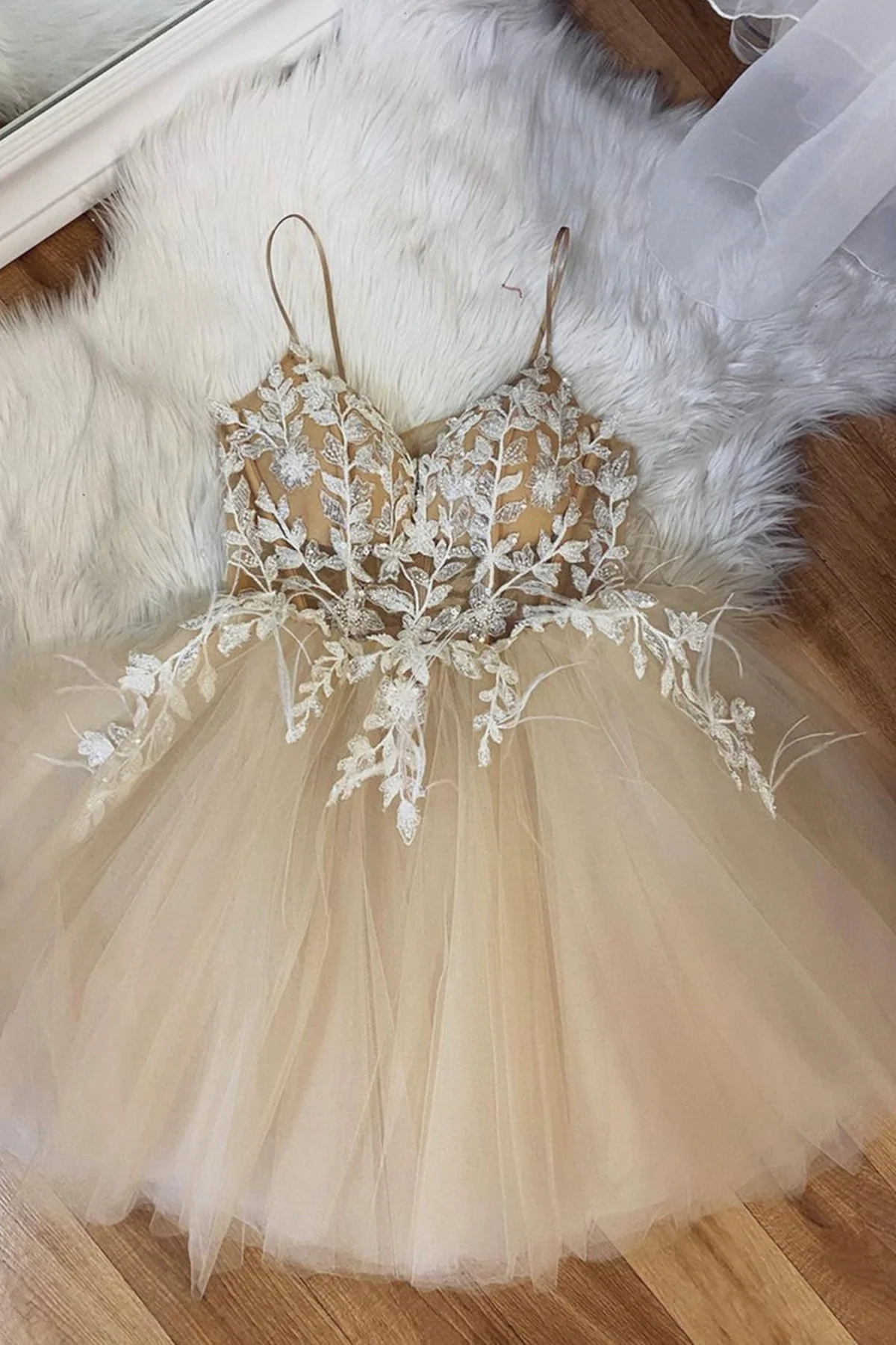 Champagne Tulle Lace Short Homecoming Dresses, Champagne Lace Formal Graduation Evening Dresses