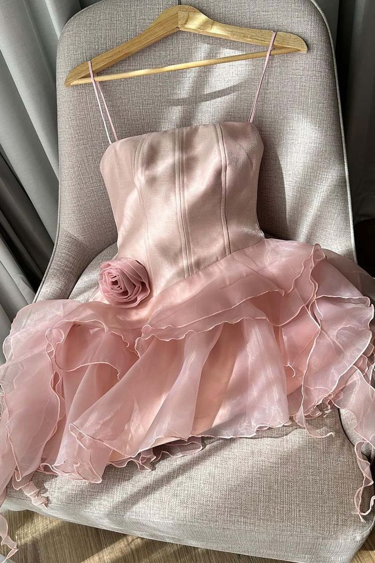Charming Pink Spaghetti Straps Tulle Satin A-Line Mini Homecoming Dress Short Party Dress