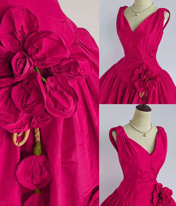 Vintage Hot Pink Satin A Line Graduation Homecoming Dress V Neck Short Party Dress With Flowers