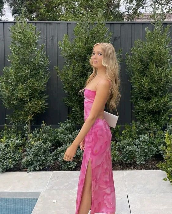 Beautiful Print Floral Pink Long Prom Dress Backless Party Evening Dress