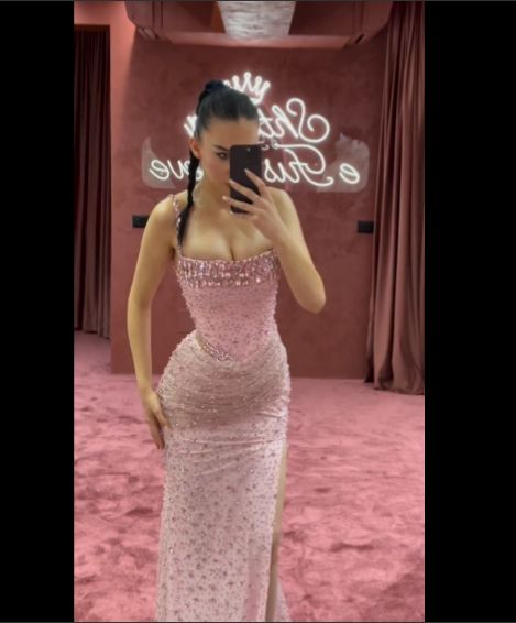 Gorgeous Pink Beaded Mermaid Slit Prom Dress Evening Dress