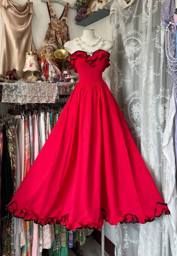Pretty Sweetheart Neck Red Satin A Line Long Party Dress Wedding Guest Dress